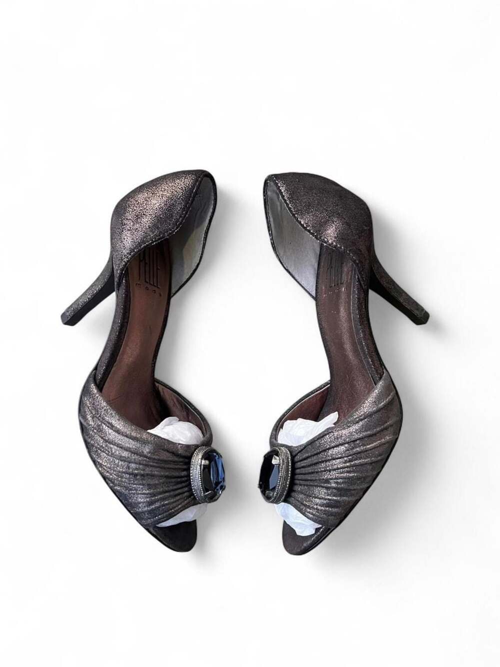 Pelle Moda Metallic Pewter Ruched Jewel-Embellished D'Orsay Peep Toe Pumps